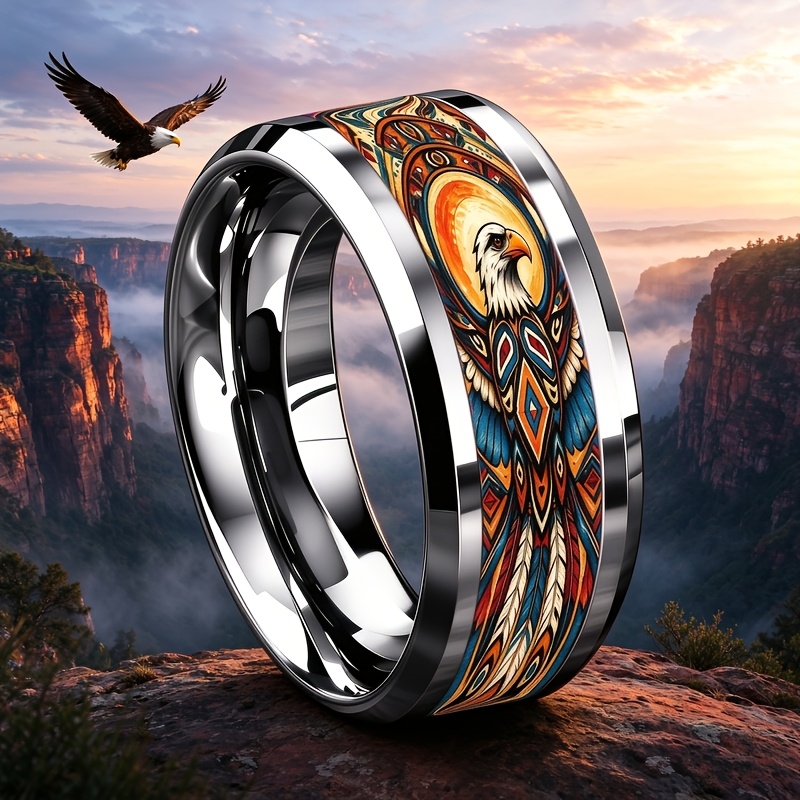 8Mm Stainless Steel Ring with Geometric Eagle Totem Patterns